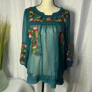 Anu Gorgeous Women’s Turquoise L/S Rayon Chiffon Embroidered Sheer Large Top